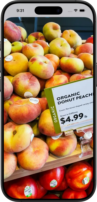 Cicolator displaying the barcode scanning sheet while the camera is pointed at peaches.