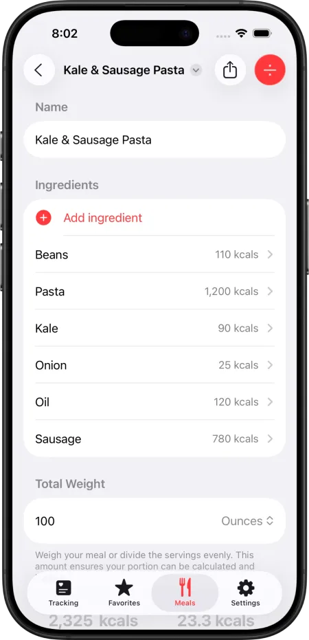 Cicolator's Meal view showing a recipe for Kale and Sausage Pasta with the ingredients and their calories.