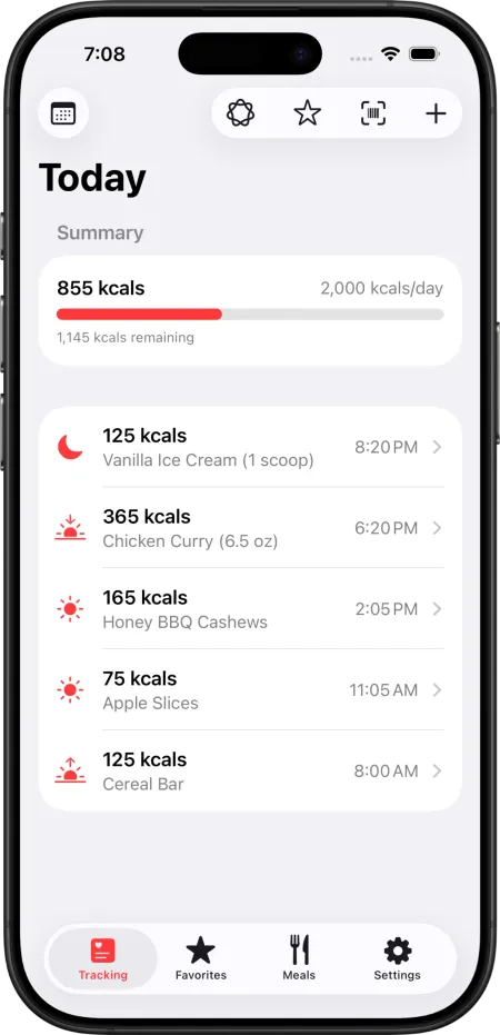 The Tracking screen of Cicolator. It displays the user's calorie log for the day and supplies a summary of their intake at the top